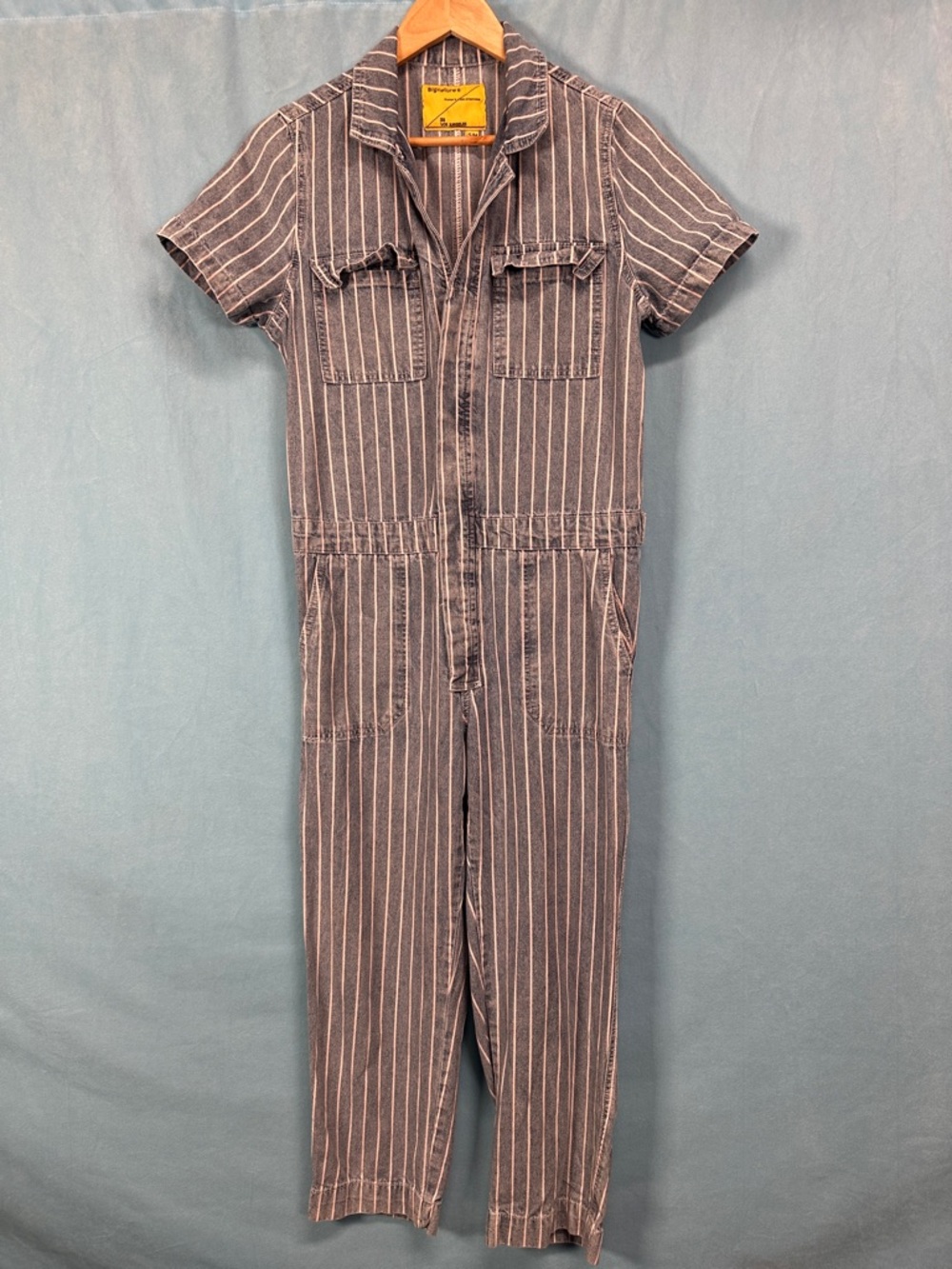 Boutique Short-Sleeve Utility Jumpsuit in Denim with White & Red Stripe-Railroad